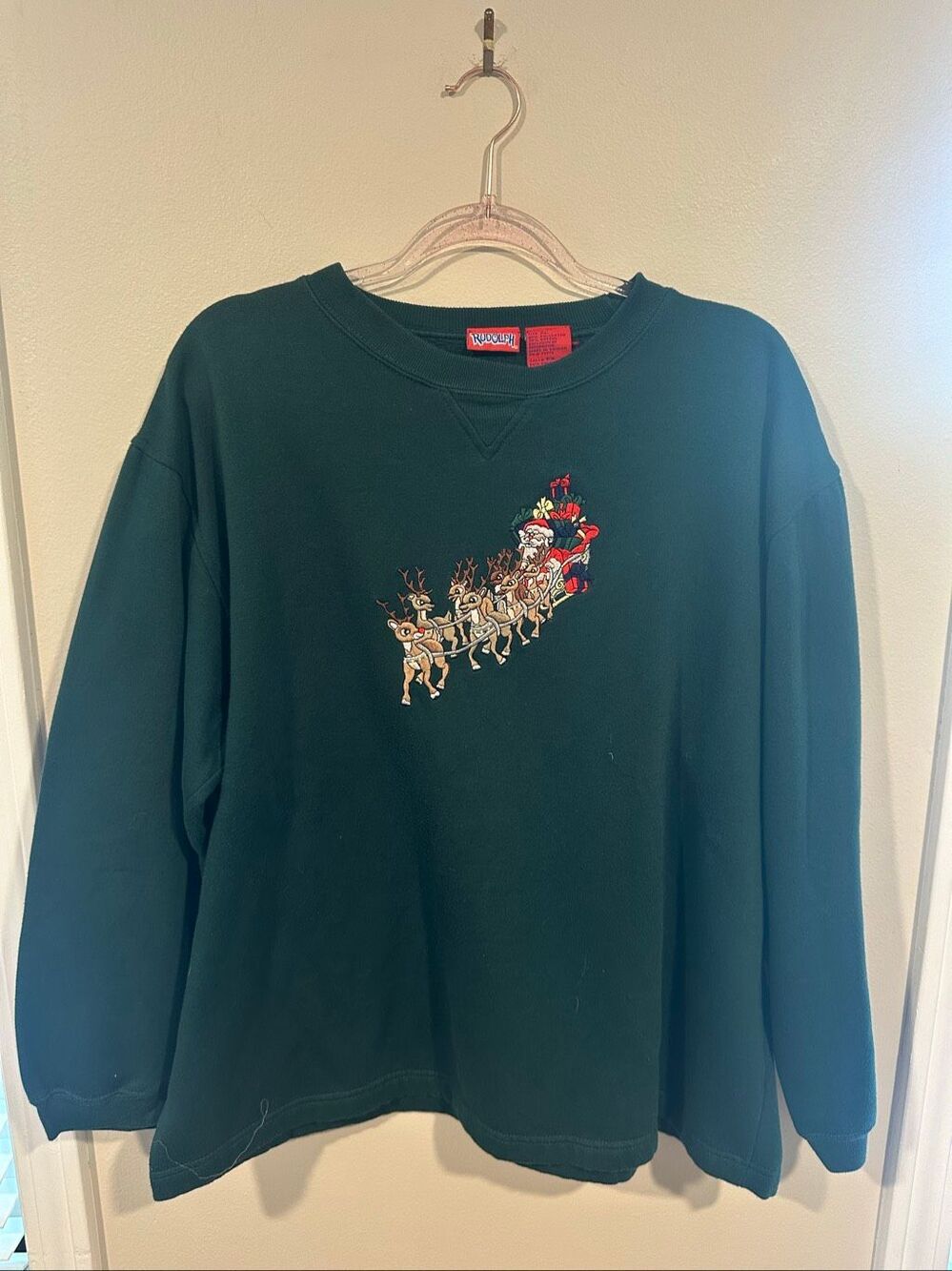 Vintage Rudolph Embroidered Christmas Santa Crew Neck Size XL